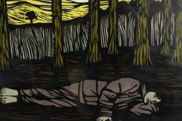 Paul Hogg (British). 'Boy in a wood II'. Woodcut. Framed and glazed. H.51 x W.67 cm.