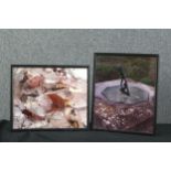 Two photographs. a sundial and leaves. Framed and glazed. Unsigned. Each measure H.36 x W.30 cm.