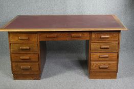 Pedestal desk, vintage oak with inset leather top. H.74 W.164 F.103cm.