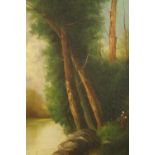 Oil on canvas. Landscape with figure in the background collecting wood. In a gilt frame with