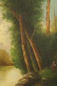 Oil on canvas. Landscape with figure in the background collecting wood. In a gilt frame with