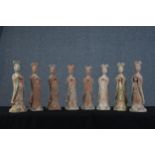 Eight Tang style terracotta tomb figures. Standing female attendants. Age unknown but with a good