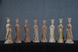 Eight Tang style terracotta tomb figures. Standing female attendants. Age unknown but with a good
