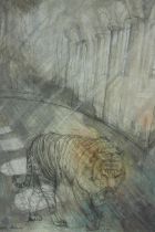 Leila Pedersen. Crayon on paper. Tiger against a classical background. Signed bottom left. Framed,