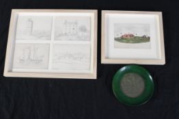 Daum France pate de verre glass charger and two framed and glazed drawings. Unsigned.