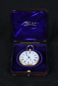Gold pocket watch. No makers mark but stamped with the crown. Housed in a velvet Hawley & Co. box.
