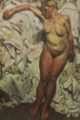 Print. Female nude on sheets. Probably Lucien Freud. Framed. H.66 W.55 cm.
