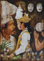 Large oil on canvas painting. 'Homage Molnar'. Portrait of people in tradition Bali dress. Signed