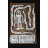 Aboriginal art. 'Dogs of Bahloo'. Painted bark. Circa 1980. H.32 W.22 cm.