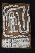 Aboriginal art. 'Dogs of Bahloo'. Painted bark. Circa 1980. H.32 W.22 cm.