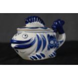 Gzhel fish trinket box. Stamped on the bottom 'Made in Russia'. H.11 W.20 D.9 cm.