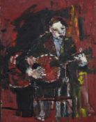 Oil on canvas. A guitarist. Unsigned, expressionist in style. H.92 W.72 cm.
