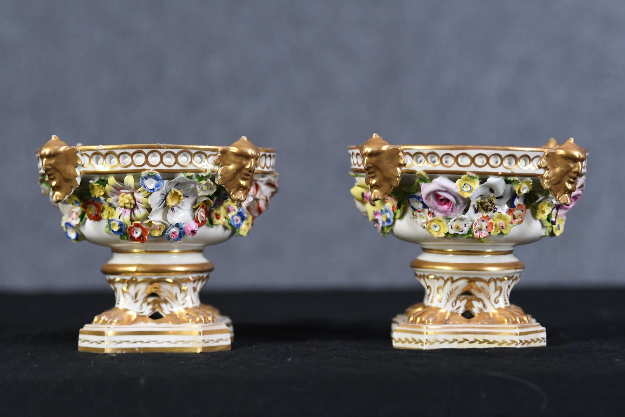 A pair of nineteenth century English Bloor Derby porcelain pastille burners. Missing their lids.