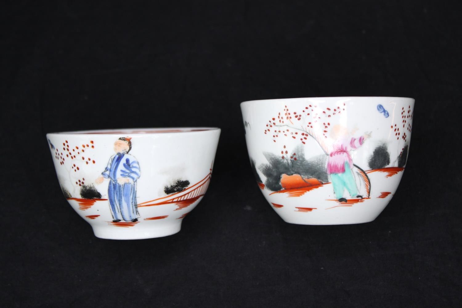 A 19th century one person New Hall hand painted 'boy and butterfly' pattern tea set. Includes tea - Image 3 of 7