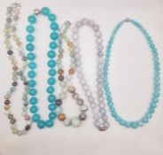 Five 20th century gemstone bead necklaces with silver clasps, including agate, Apatite and