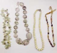Four yellow and pale green hard stone bead necklaces, including a fluorite rectangular bead