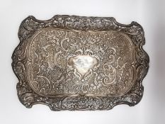 A Victorian silver repousse scrolling foliate design tray with cartouche to centre and pierced