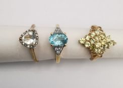 Three 20th century 9 carat gold gem-set rings, a prasiolite and white stone trillion cluster ring, a