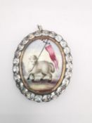A Victorian lamb of good hand painted enamel plaque in foil backed paste frame. H.5.4cm