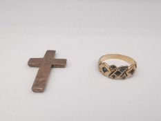 A 9ct rose gold Victorian sapphire and diamond set carved ring along with a rose gold cross with