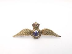 A 9ct yellow gold and enamel RAF sweetheart brooch, blue enamel lettering with red enamel crown.