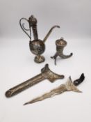 A collection of silver items, including a niello work miniature samovar (spout repaired), a Celtic