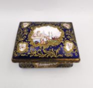 An 18th century royal blue ground Battersea enamel snuff box of rectangular form, finely painted