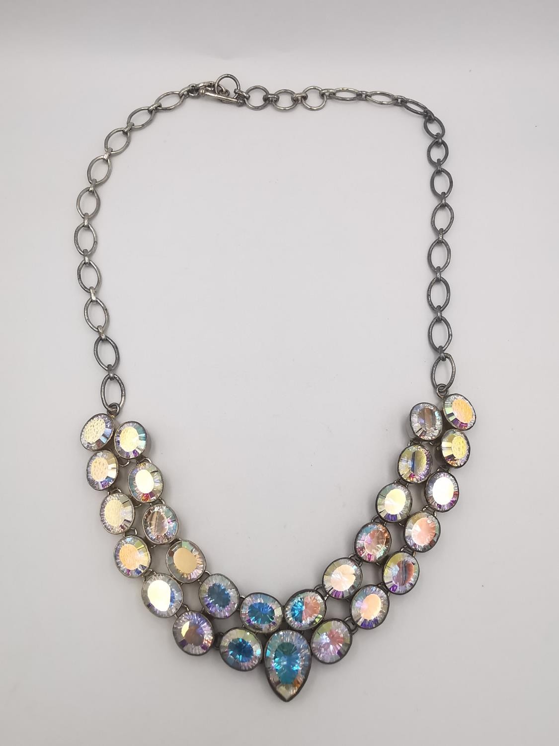 A boxed silver and mystic quartz set articulated collar necklace with silver chain section and - Image 2 of 6