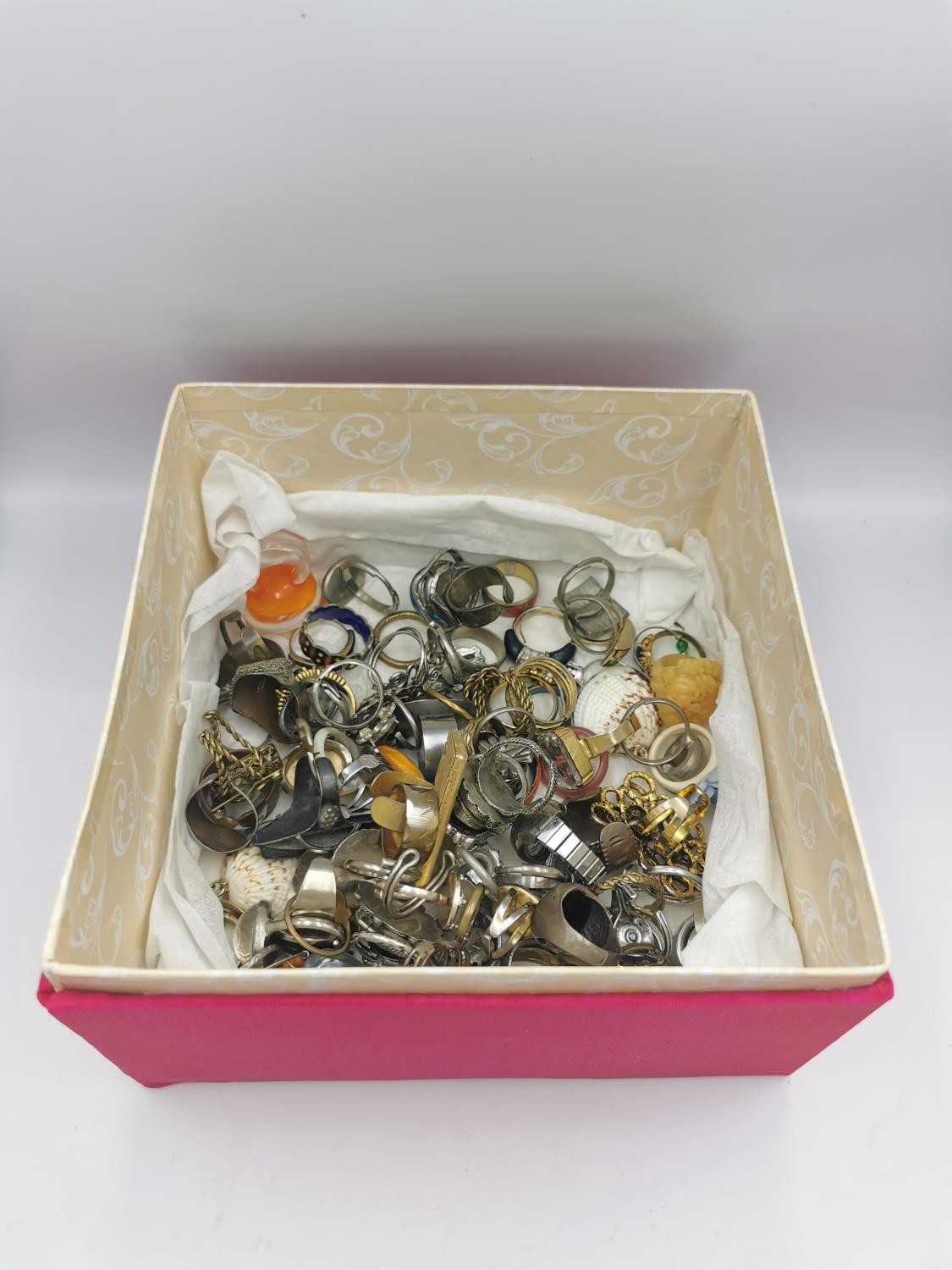 A large collection of vintage and antique rings of various designs.