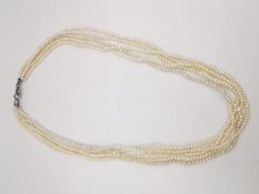 A 19th century five strand natural seed pearl necklace with secure C-sprung clasp. L.38cm