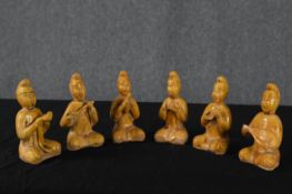 Six Chinese figures, musicians. Clay with a Sancai glaze. Mid twentieth century but maybe earlier.