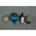 An assortment of lightshades including an Art Deco frosted flame and a blue Moroccan hanging