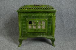 Poeles Nanquette stove. Art Deco 'Phebus' French enamel wood burning stove. Complete with it handle.