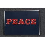 Print. A peace signed decorated with stars. Framed and glazed. Glass cracked. H.59cm L.84cm