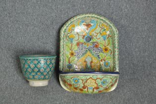 A decorative Majolica washbasin in the shape of a fountain. Hand painted. Circa 1910. Also, a pot