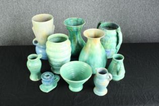 A collection of ten blue Art Deco Beswick porcelain jugs and vases.