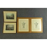Two pairs of prints. Shooting scenes and a pair of engraved French fountain designs. Framed and