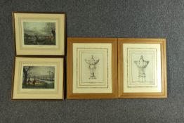 Two pairs of prints. Shooting scenes and a pair of engraved French fountain designs. Framed and