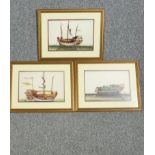 Three Chinese watercolour paintings of Junk ships on rice paper. Nineteenth century export