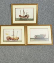 Three Chinese watercolour paintings of Junk ships on rice paper. Nineteenth century export