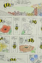 A framed and glazed ink and pencil cartoon strip of a bee's adventures, indistinctly signed and