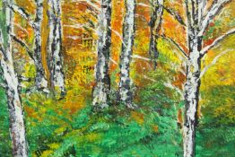 Acrylic on canvas. Autumnal forest scene. Framed and glazed. H.53 x W.62 cm.