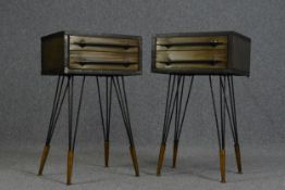 Bedside table or lamp tables, pair retro styled in metal. H.70 W.41 D.33 cm.