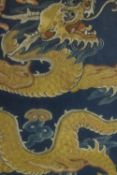 Chinese needlework. Yellow dragon. Intricately sewn with detailed dragon scales. Framed and