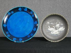 Two Minton dishes. The blue dish decorated with flowers the other with swans. The largest with a