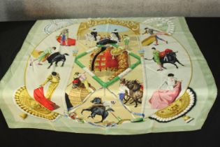 Hermes scarf. Plaza de Toros was designed by Hubert de Watrigant 1993. H.87 x W.85 cm.