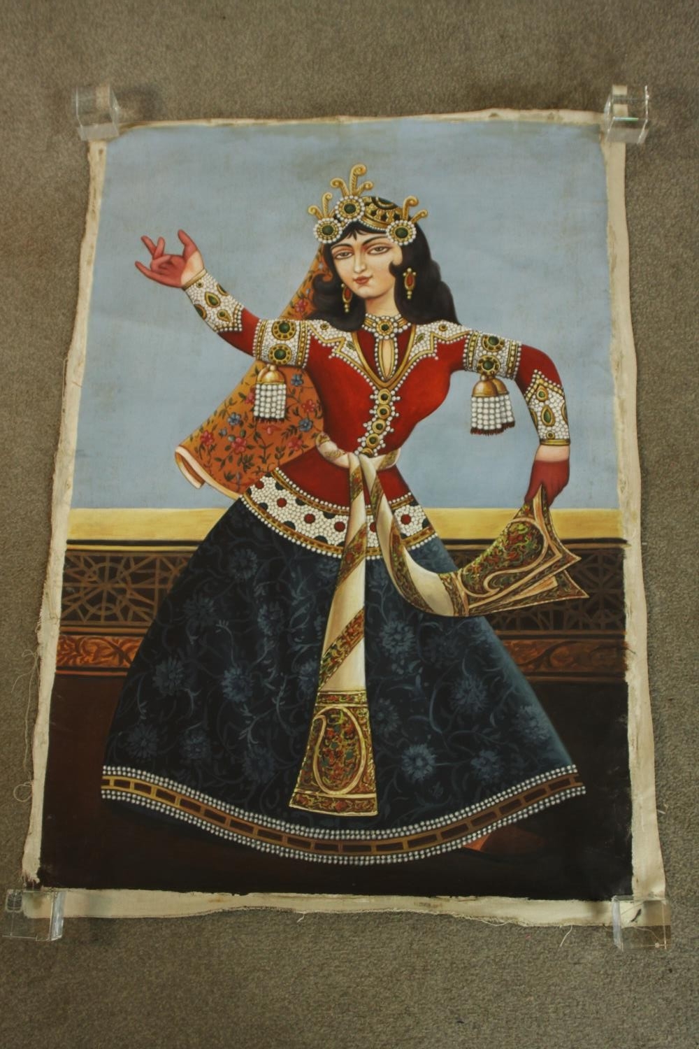 A Persian Qajar oil on unstretched canvas depicting a dancing woman. Well finished and with - Image 2 of 3