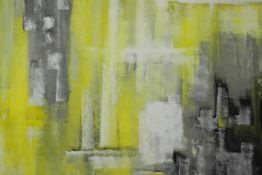 Large oil on canvas abstract painting in yellows and greys. Signed indistinctly by the artist.