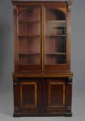 Library bookcase, C.1900 Georgian style mahogany and satinwood, in two sections. H.224 W.115 D.58