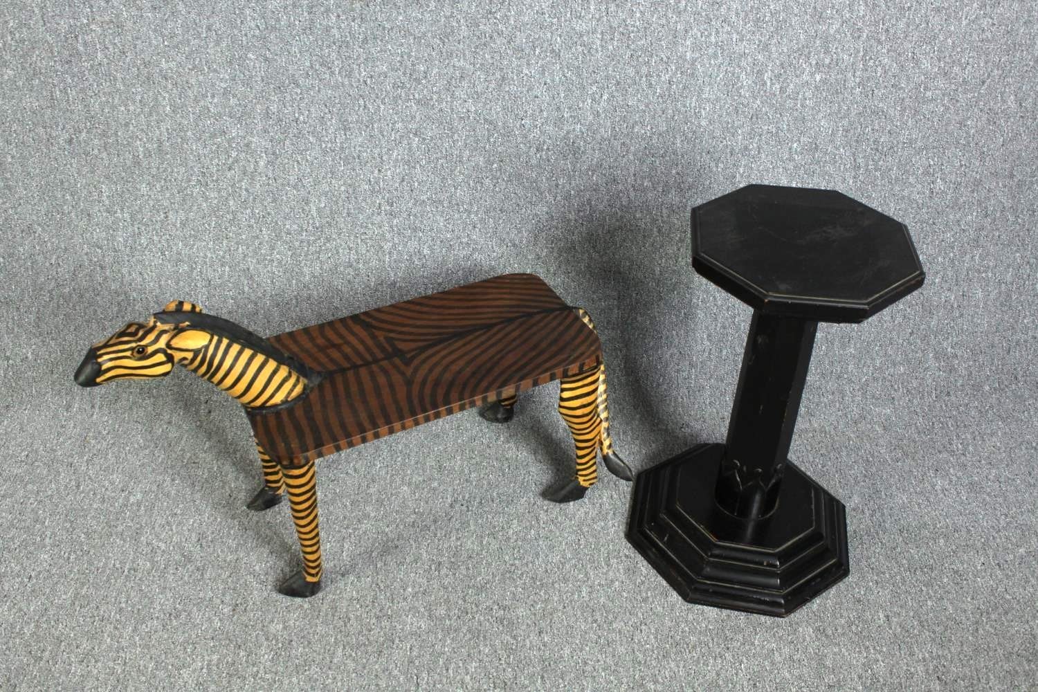 A late 19th century ebonised jardiniere stand and a painted table in the form of a zebra. H.64 cm ( - Image 2 of 2